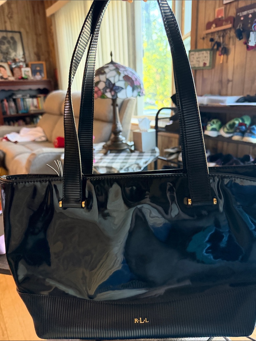 Lauren Ralph Lauren Black Patent Tote with Gold RLL Logo